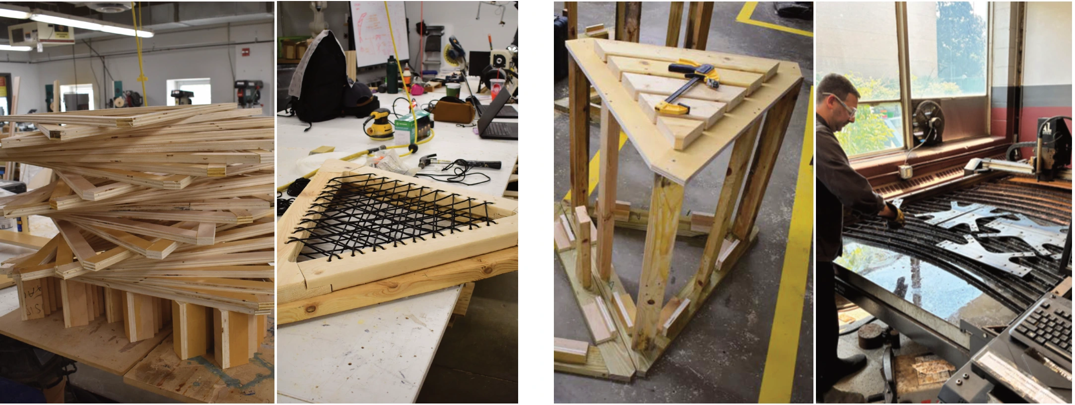 Workshop assembly coordinates the timber frame, furniture, and component preparation.