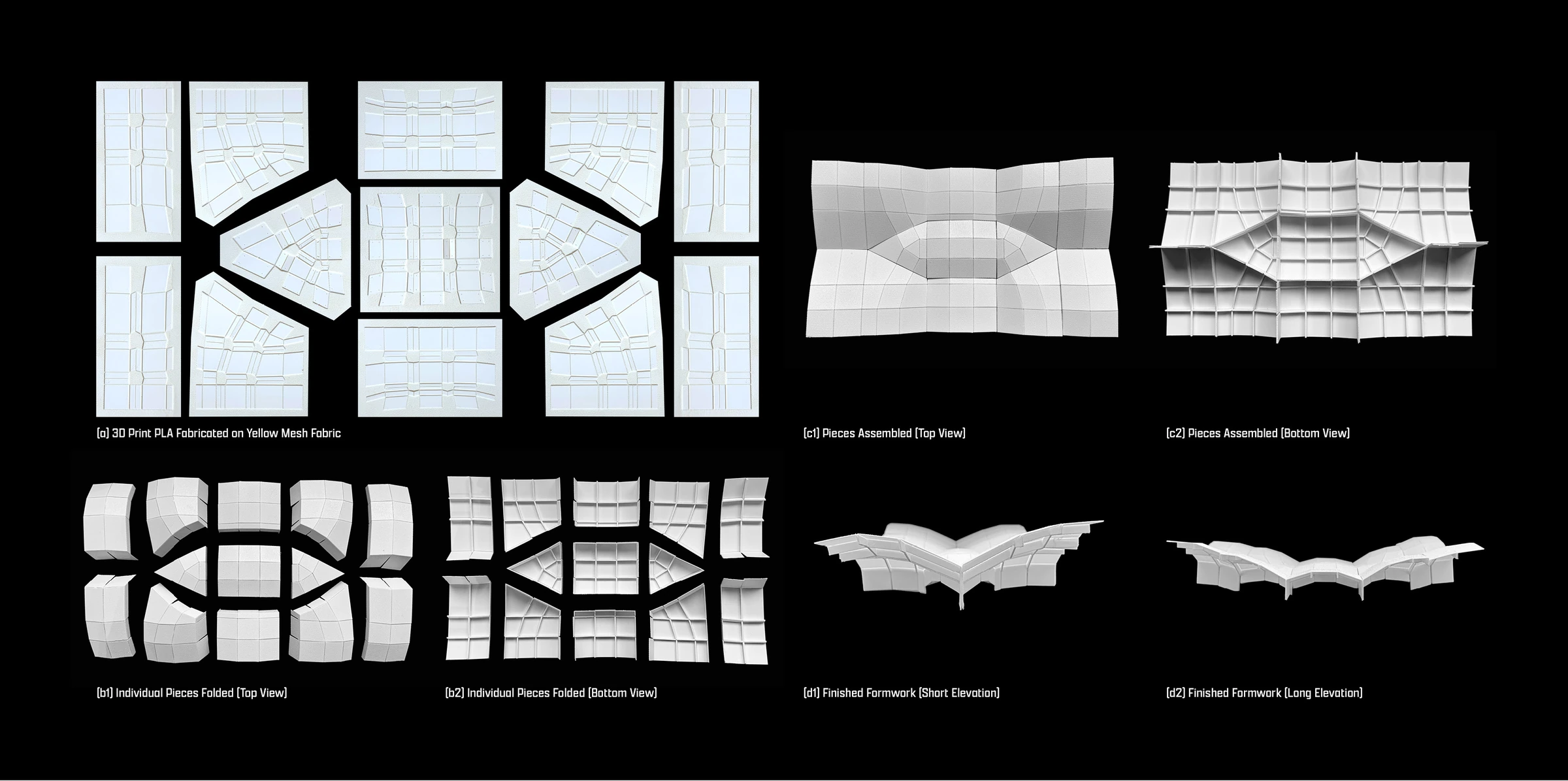 PLA panels printed on fabric, shown flat and folded into a shell formwork model