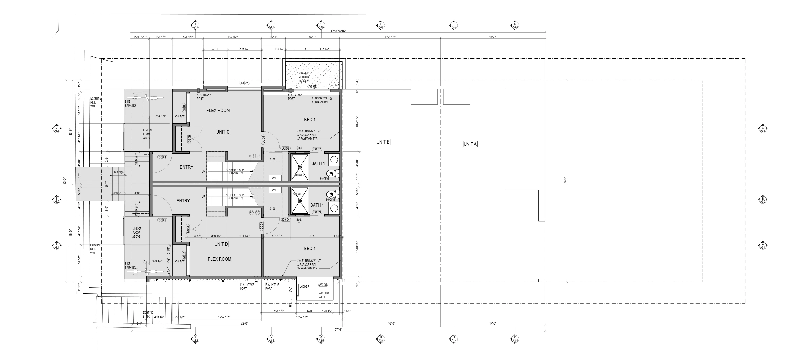 Basement plan, with lower-level rooms in the downhill homes.