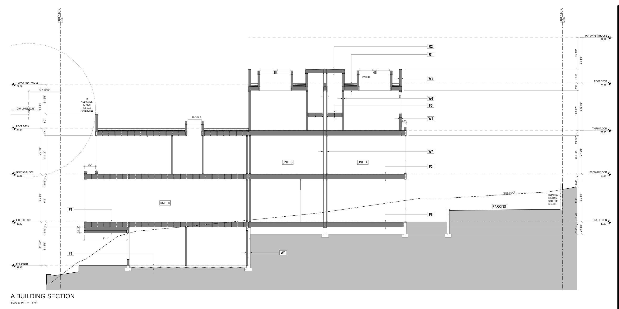 Longitudinal building section showing the stepped massing and changing ground level.