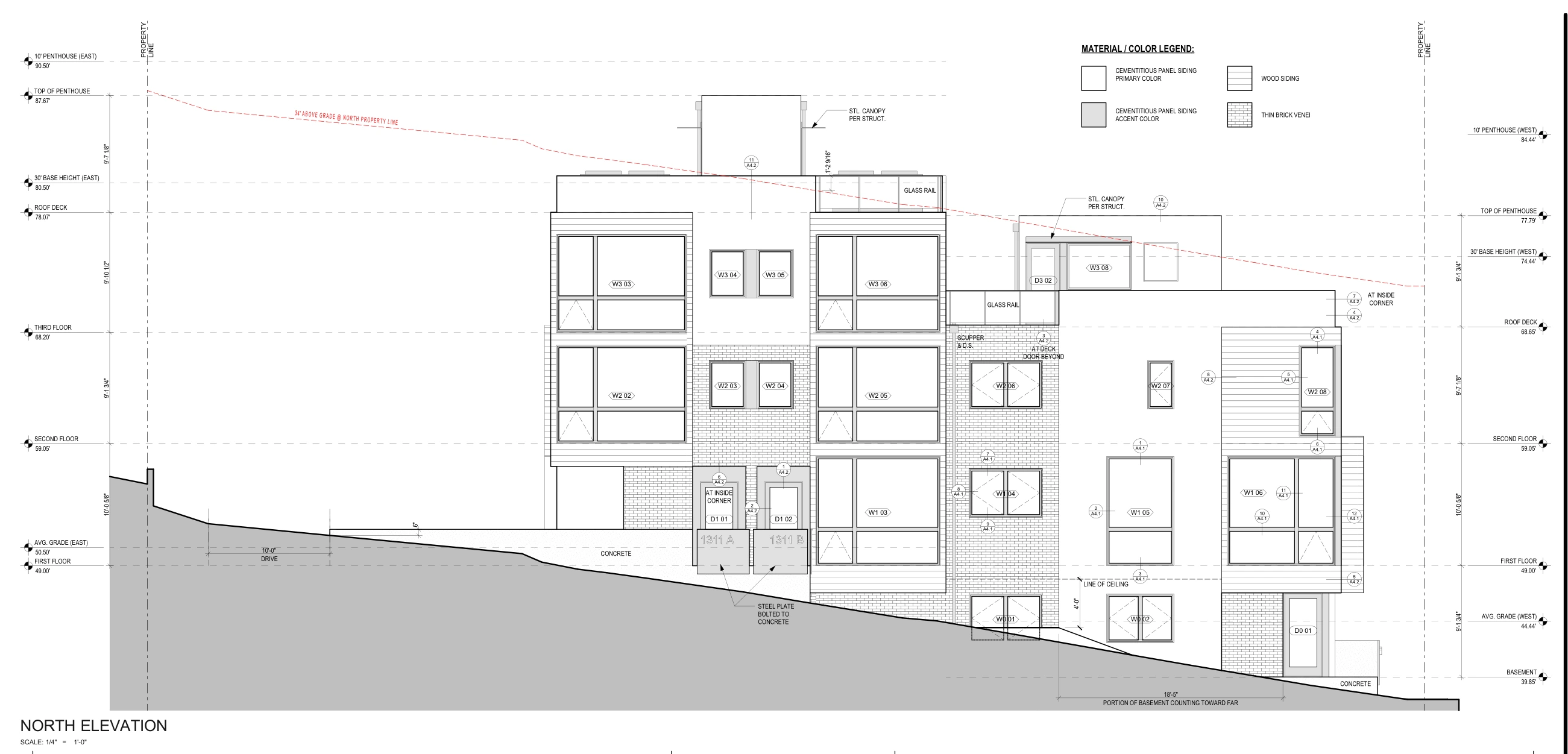 North elevation along W Newton Street, showing window bays and the falling grade.