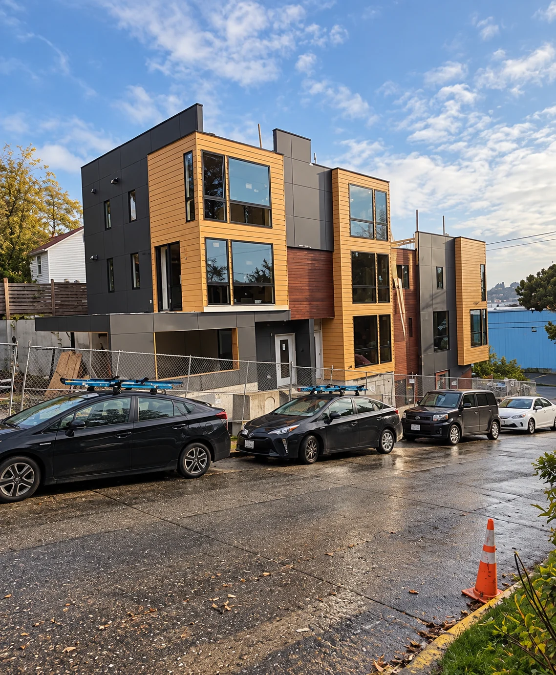 The street-facing volumes descend toward the lower corner.