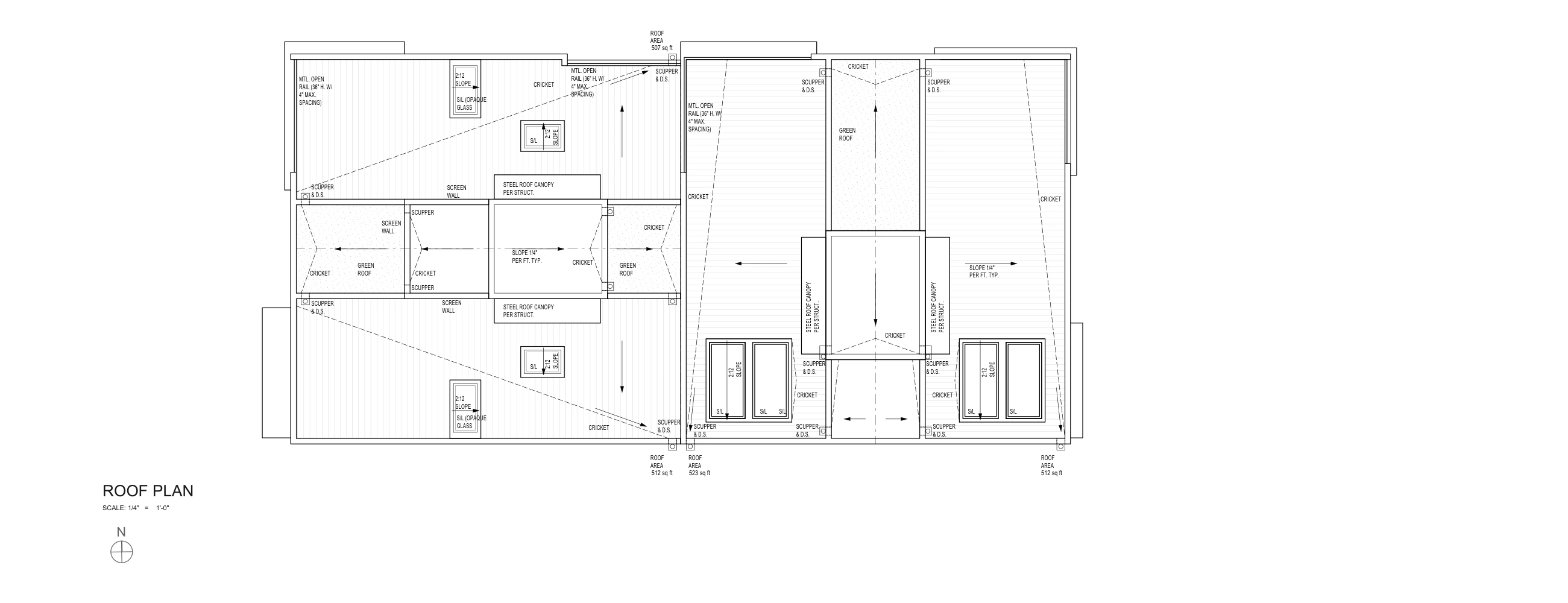 Roof plan showing skylights, planted roof areas, and canopies.