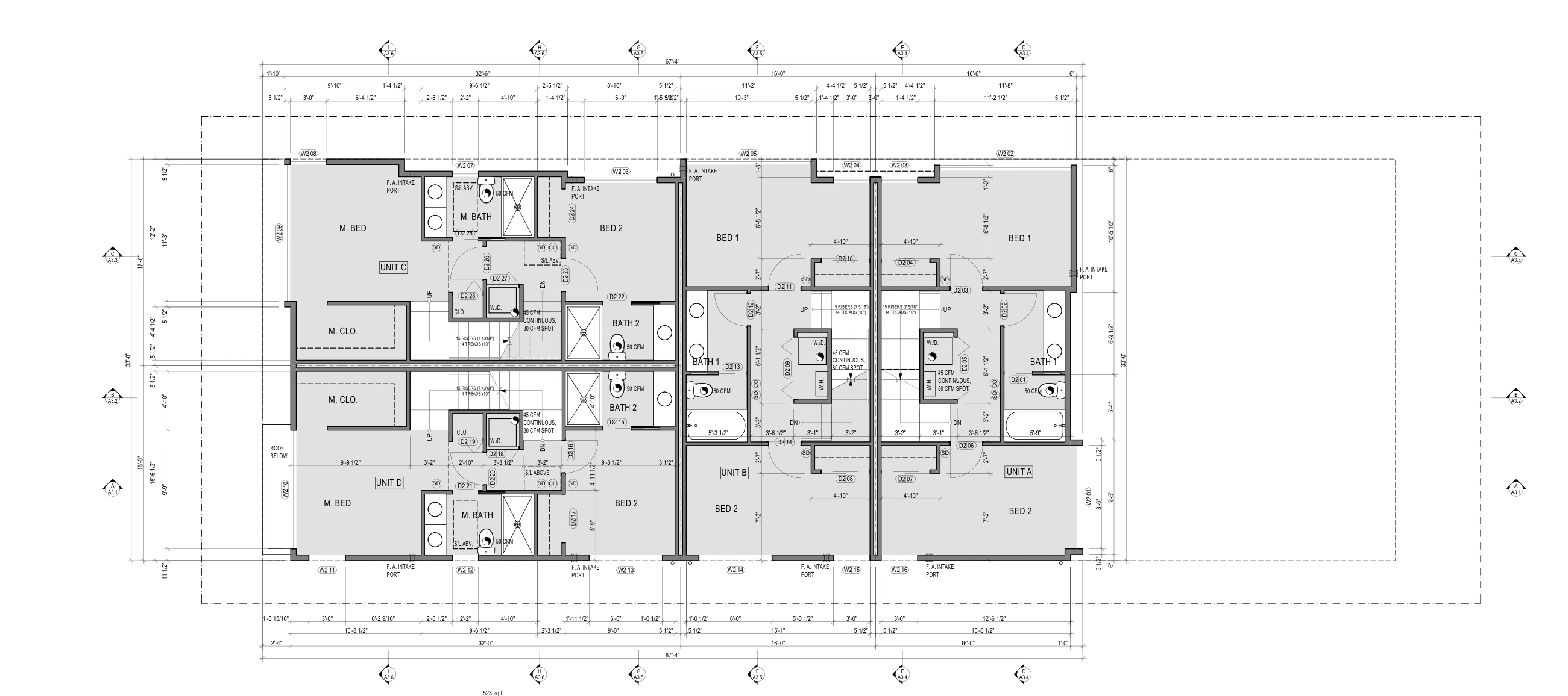 Second-floor plan showing bedrooms, bathrooms, and stairs.