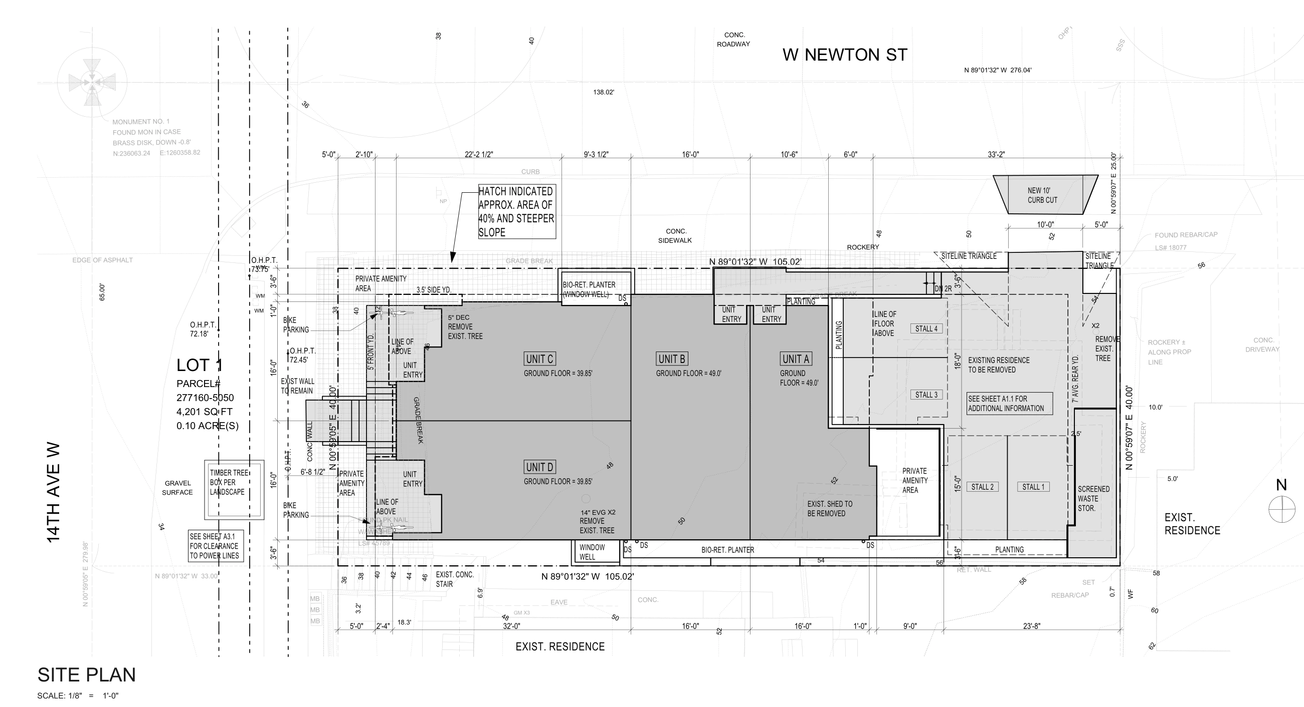 Site plan showing four homes, individual entrances, planting, and uphill parking.