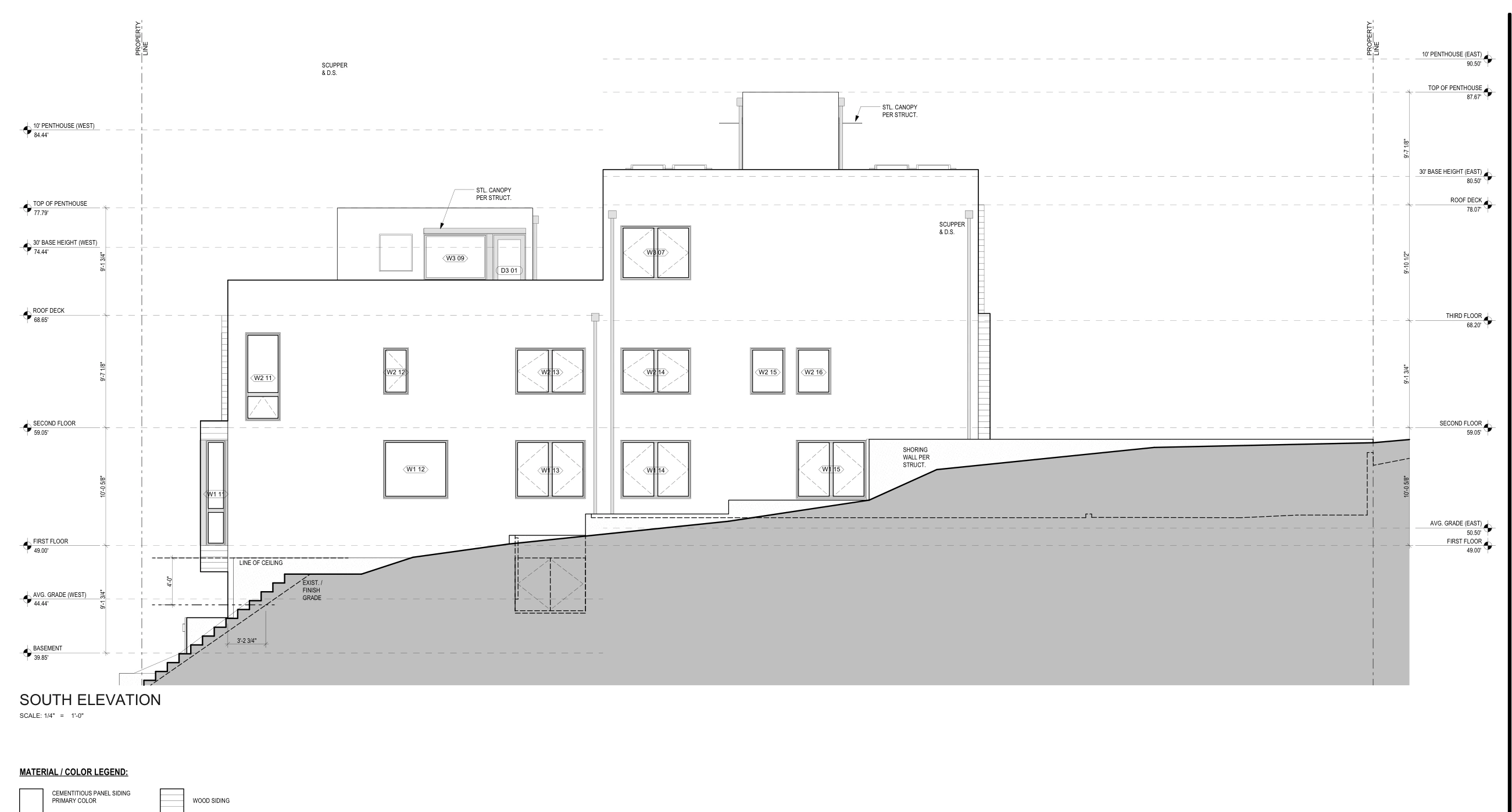 South elevation showing the stepped building profile against the rising ground.