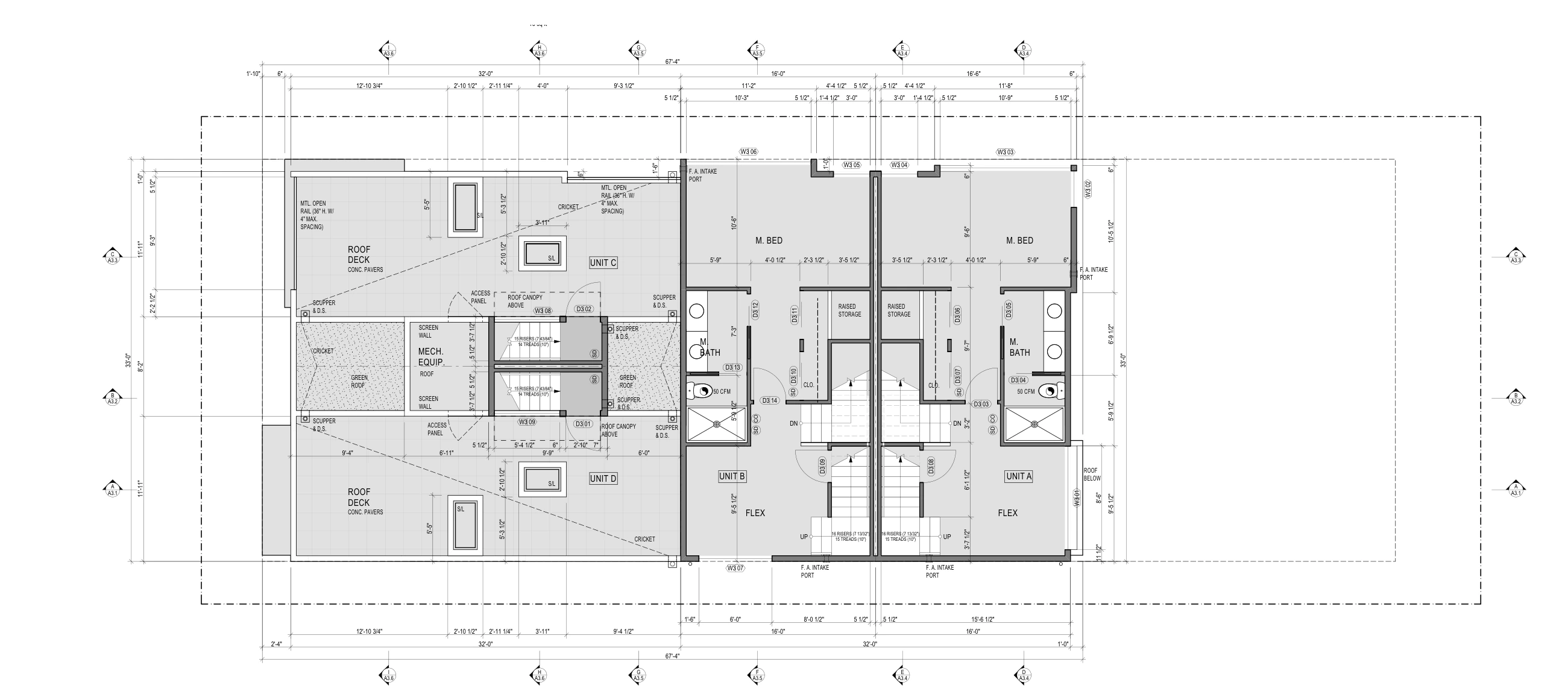 Third-floor plan showing the upper bedrooms and lower roof terraces.