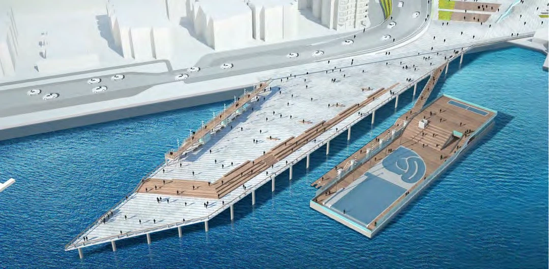 Schematic rendering of Pier 62/63 and the proposed pool barge