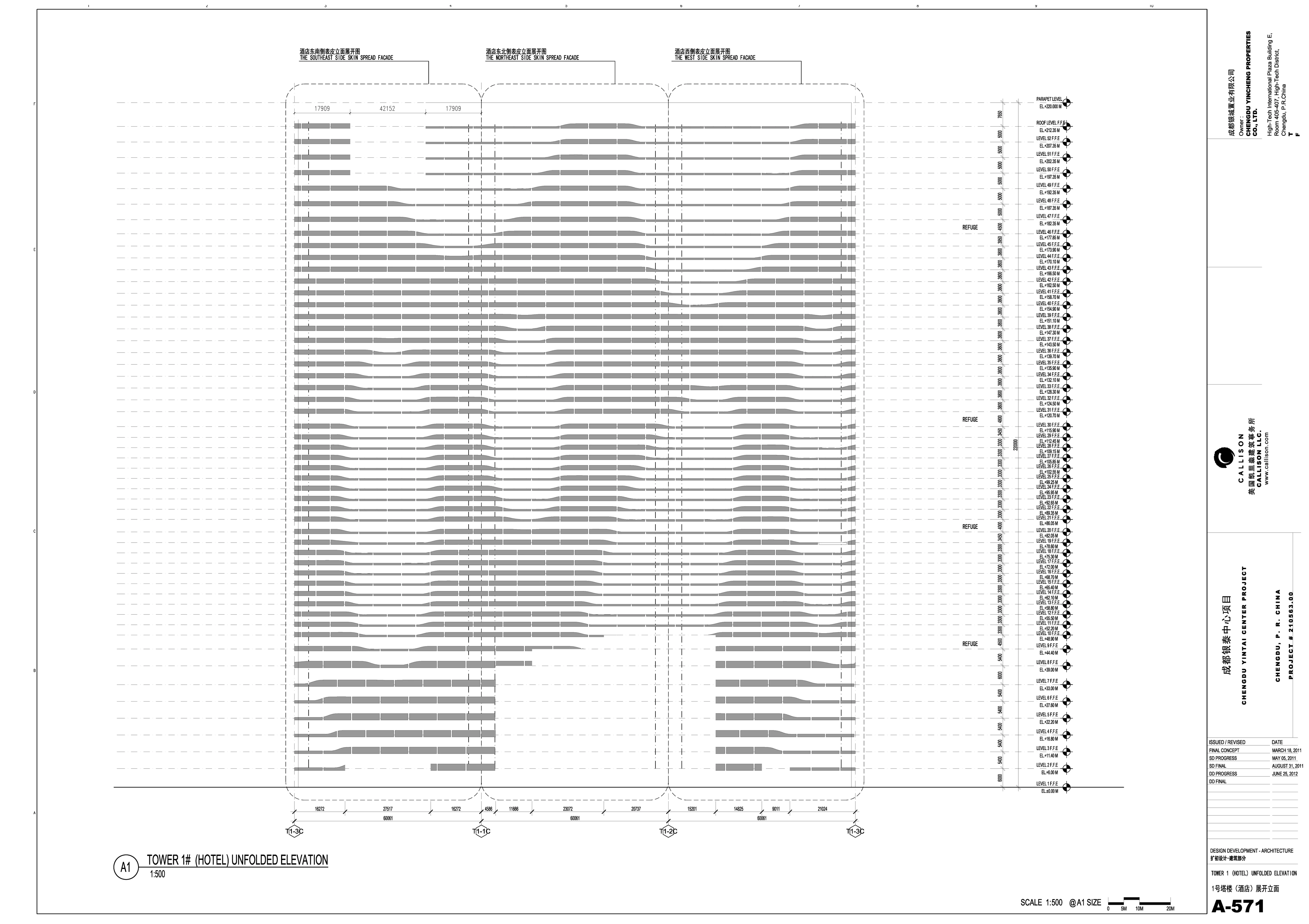Unfolded hotel tower elevation with façade bands and glazing pattern