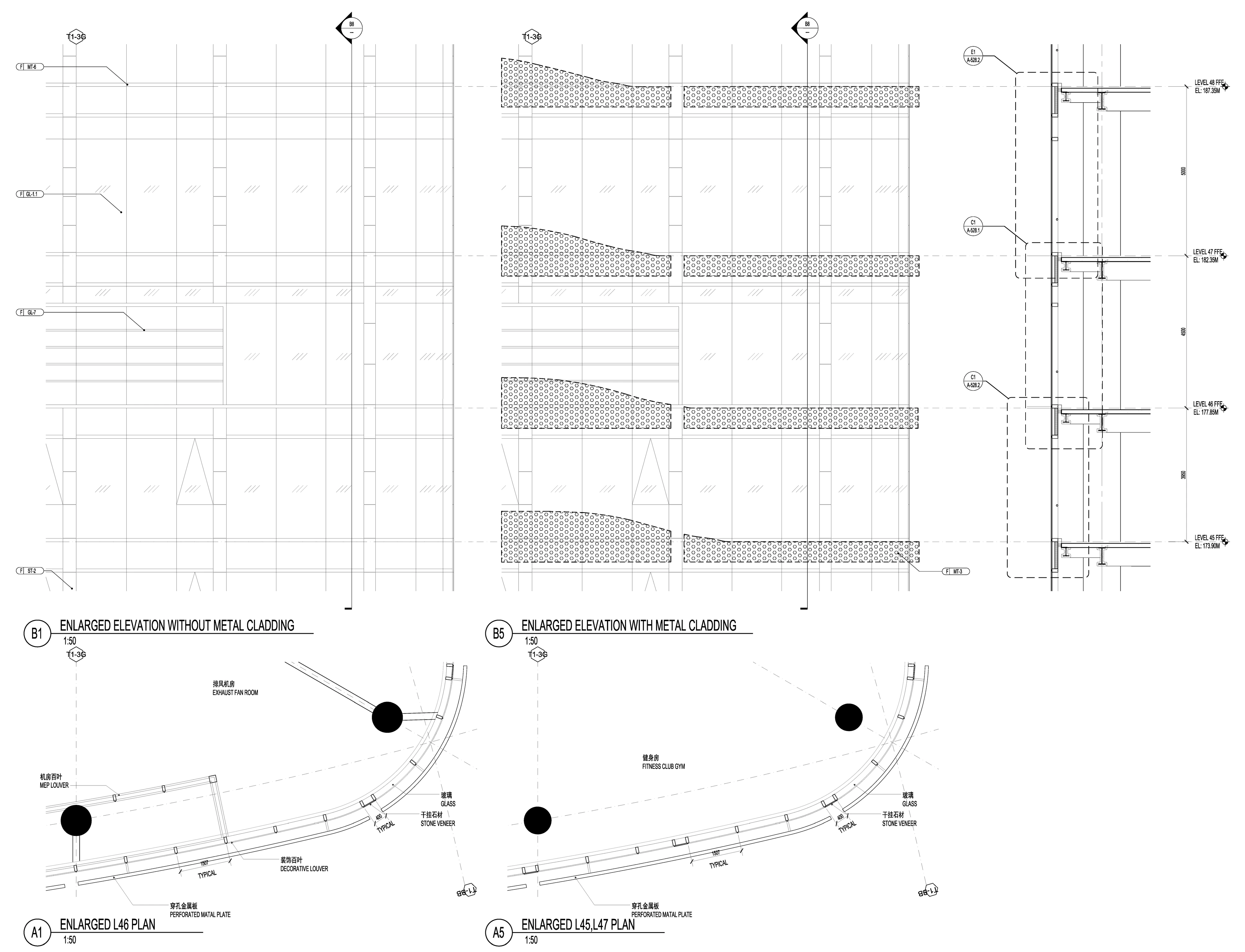 Mechanical floor enlarged elevation, vertical section, and plans