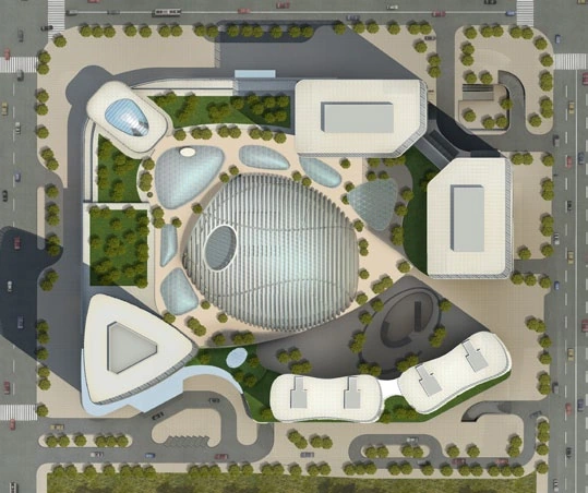 Top-down design model of the podium roof and tower arrangement