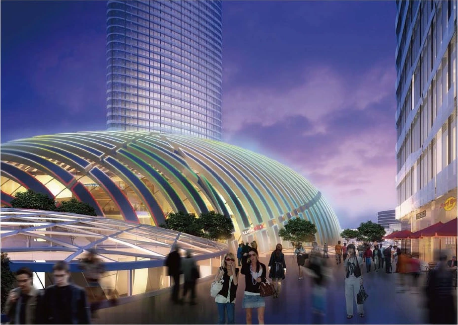 Design rendering of the cinema enclosure and pedestrian terrace between the towers