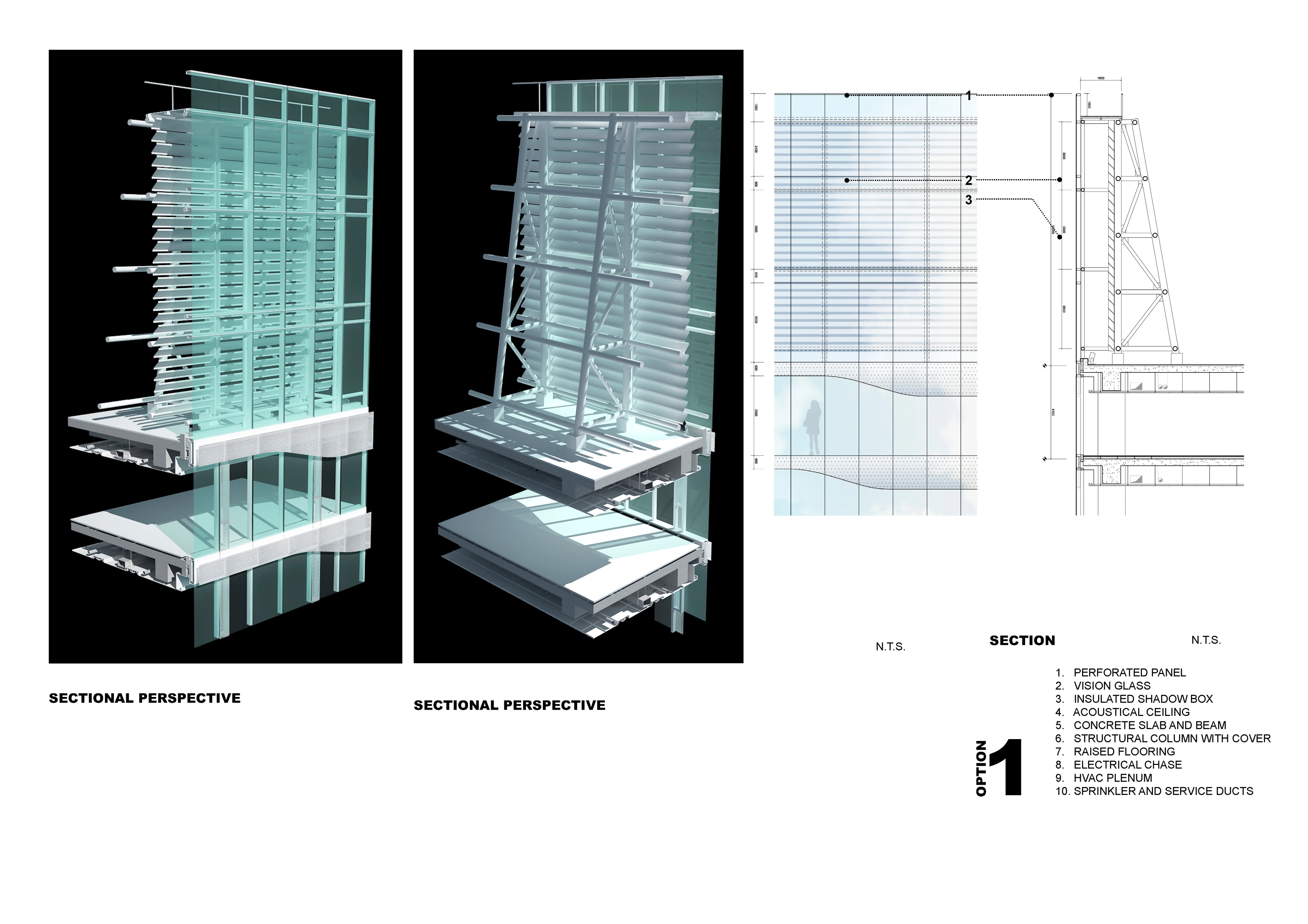 Tower parapet section and two sectional perspectives